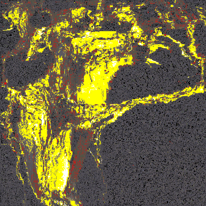 A heavily pixelated, distorted image with yellow, red, and gray noise patterns obscuring any recognizable subject.