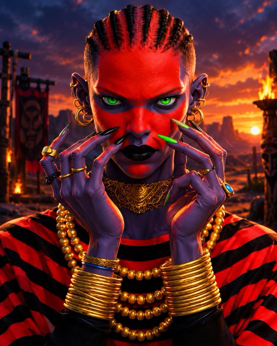 A striking digital portrait of a warrior-like figure with red skin, glowing green eyes, long metallic nails, and elaborate gold jewelry and bracelets, set against a dramatic sunset desert landscape.
