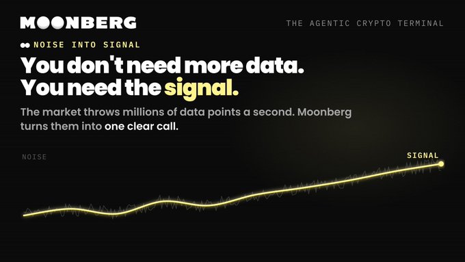 A promotional graphic for 'MOONBERG - THE AGENTIC CRYPTO TERMINAL' with the tagline 'NOISE INTO SIGNAL' and the message 'You don't need more data. You need the signal,' illustrated with a glowing line graph rising from 'NOISE' to 'SIGNAL'.