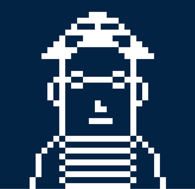 A pixel art portrait of a person wearing a backwards cap and a striped shirt, rendered in white on a dark navy blue background.