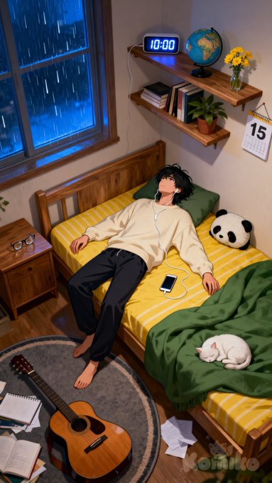 An anime-style illustration of a young man with dark hair lying on a yellow bedspread listening to music with earphones, in a cozy room featuring a window with rain, a clock reading 10:00, a guitar, a sleeping white cat, and a panda plush toy.