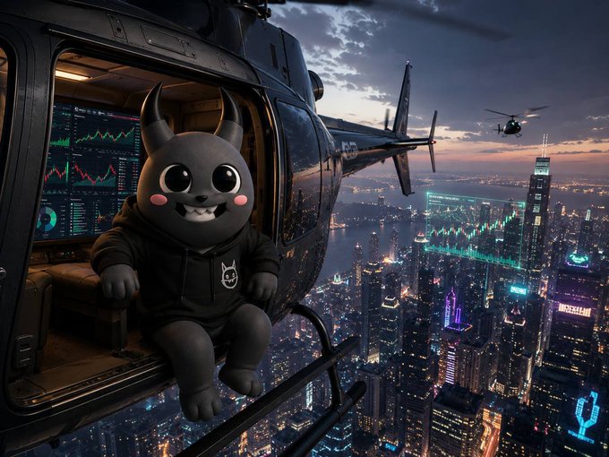 A whimsical 3D-rendered scene of a cute black cartoon creature with horns sitting in the open doorway of a helicopter flying over a nighttime cityscape illuminated with neon green data visualizations and another helicopter in the distance.
