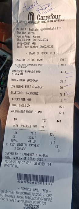 A handwritten receipt from Carrefour Majid Al Futtaim Hypermarkets Ltd in Karama, listing electronic items like wireless earbuds, earbuds pro, power bank, and USB hub with a total of 441.
