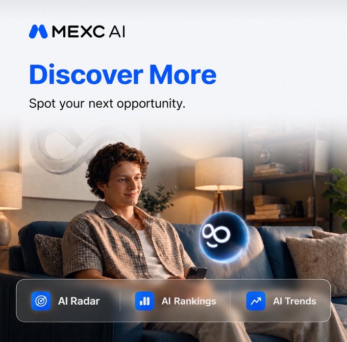A young man sits on a couch smiling at his phone beside a glowing Metaverse (M) icon, under the MEXC AI banner reading "Discover More — Spot your next opportunity," with three features listed at the bottom: "AI Radar," "AI Rankings," and "AI Trends."

The image illustrates the post's point about MEXC's new Stocks offering by showing the kind of relaxed, mobile-first experience crypto users are already familiar with—accessing opportunities directly through their phone with AI-powered tools, rather than going through a traditional brokerage.