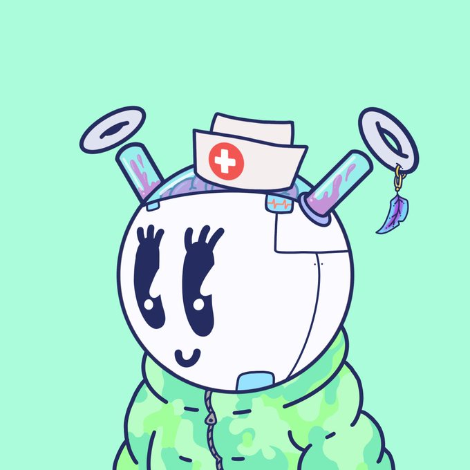 A cute cartoon character with angel halos, a nurse's cap marked with a red cross, and dripping vials is shown wearing a green camouflage hoodie, matching the post's emotional sentiment of welcoming back the @quirkiesnft #660 after it "found its way back."