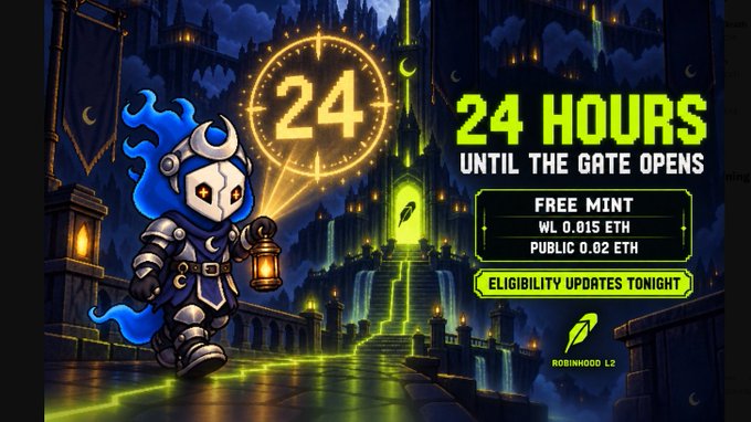 A promotional graphic announces "24 HOURS UNTIL THE GATE OPENS" for Cifer's Ghost Eggs mint on Robinhood L2, featuring an armored ghost character holding a lantern beside a glowing portal and a "24" hour countdown clock. The image details the three minting tiers—Free Mint, WL 0.015 ETH, and Public 0.02 ETH—and notes that "ELIGIBILITY UPDATES TONIGHT," reinforcing the post's announcement about the Sep 28 launch of 4,000 Ghost Eggs.
