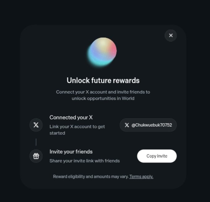 A 'World' app interface prompting users to connect their X account to unlock future rewards, showing the handle @Chukwuebuk70752 and a 'Copy Invite' button.