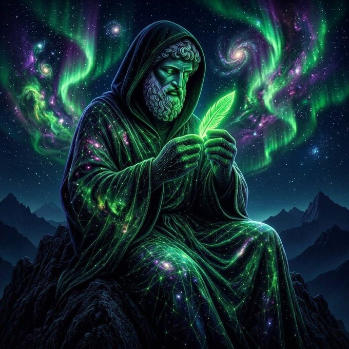 A digital fantasy artwork depicts a bearded, hooded figure in flowing robes holding a glowing green leaf, set against a backdrop of green auroras and galaxies.