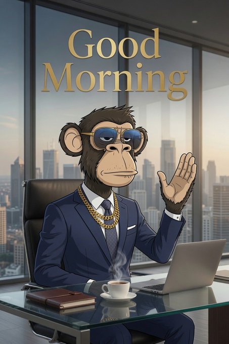 An illustration features a monkey wearing sunglasses and a blue suit sitting at a desk with coffee and a laptop, with 'Good Morning' written above.