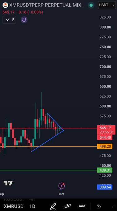 A daily candlestick chart of XMRUSDT (Monero) on TradingView showing a symmetrical triangle pattern forming between ~$498 (orange support) and ~$545 (red resistance), with the price at 545.17. The chart illustrates the "decoupled" bullish technical setup the trader references, suggesting a potential breakout entry point independent of BTC/ETH movements.