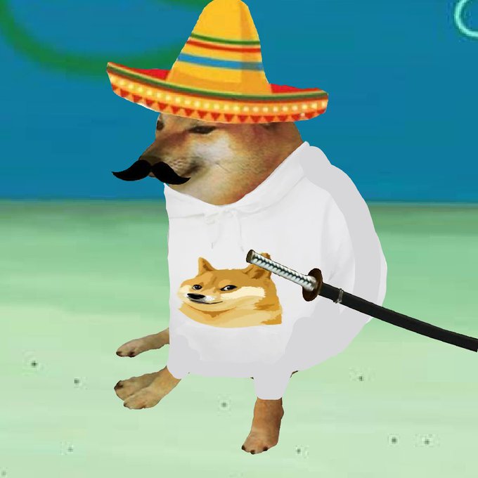 A humorous photo of a Shiba Inu dog wearing a sombrero, a white hoodie with a Doge print, and a drawn-on mustache, holding a katana.