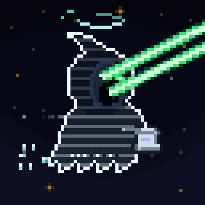 A pixel art animation frame of a grey spaceship emitting two green laser beams in space.