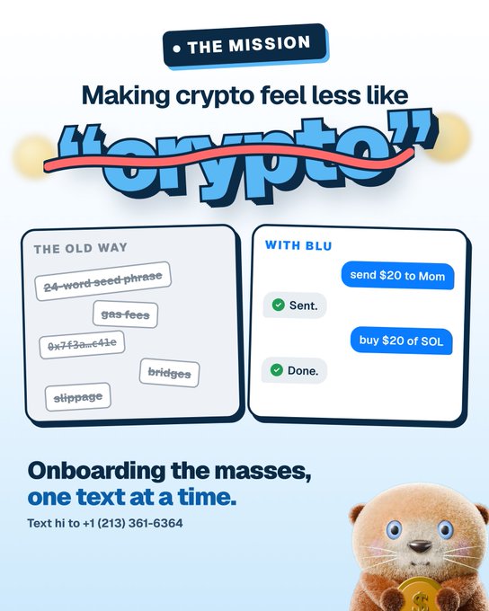 **THE MISSION – Making crypto feel less like "crypto".** An infographic contrasting the complicated "old way" of crypto (seed phrases, gas fees, slippage, bridges) with the simple texting-based **BLU** experience (send $20 to Mom, buy $20 of SOL), featuring a cartoon Shiba Inu holding a Bitcoin coin. Onboarding via text: **+1 (213) 361-6364**.