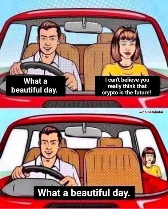 A comic from @coinstabular showing a man driving a car telling his passenger 'What a beautiful day' while she says she can't believe he thinks crypto is the future, with the second panel showing him alone saying 'What a beautiful day.'