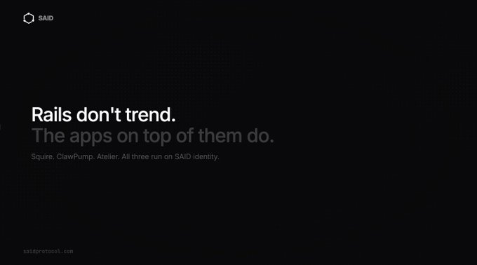 Minimalist black promotional graphic for SAID Protocol reading 'Rails don't trend. The apps on top of them do.' with saodprotocol.com at the bottom.