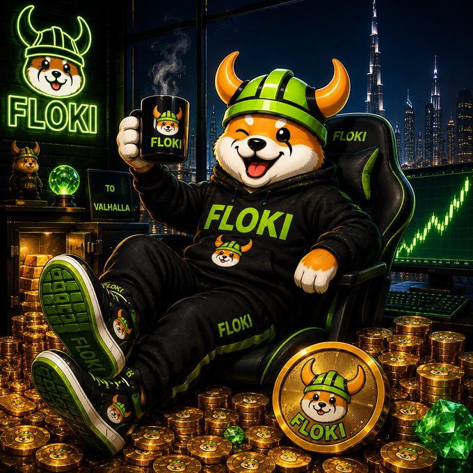 A promotional image featuring the FLOKI cryptocurrency mascot, an anthropomorphic Shiba Inu dog in a viking helmet, sitting in a gaming chair surrounded by gold coins and digital charts.