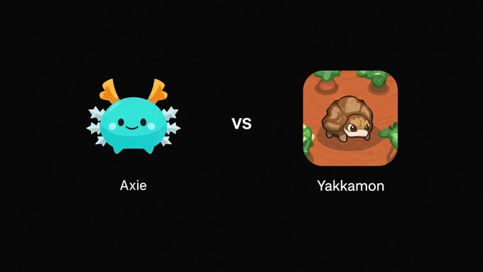 A comparison graphic showing a teal Axie character versus a brown Yakkamon character on a black background.