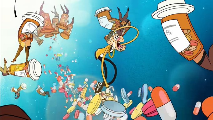 An animated underwater scene shows a panicked man in a yellow shirt tangled in a stethoscope, surrounded by floating orange prescription pill bottles marked 'Rx' and scattered pills.