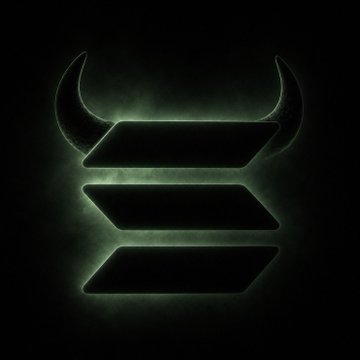 A glowing green neon-style logo with horn-like shapes on top and stacked geometric bars below, set against a black background.