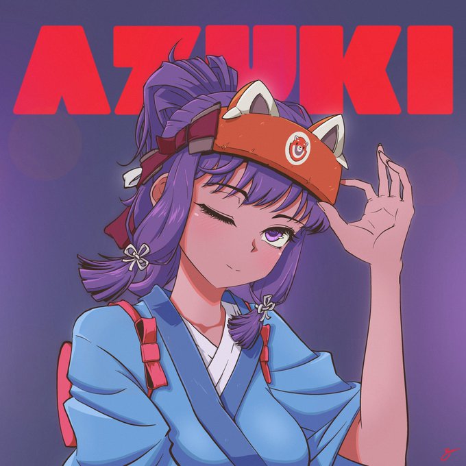 An anime-style illustration of a purple-haired character wearing a fox-ear headband and a blue kimono, winking with the large red text 'AZUKI' behind her.
