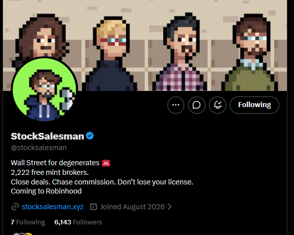A Twitter/X profile for 'StockSalesman' (@stocksalesman) with the bio 'Wall Street for degenerates,' '2,222 free mint brokers,' and pixel art avatars in the banner.