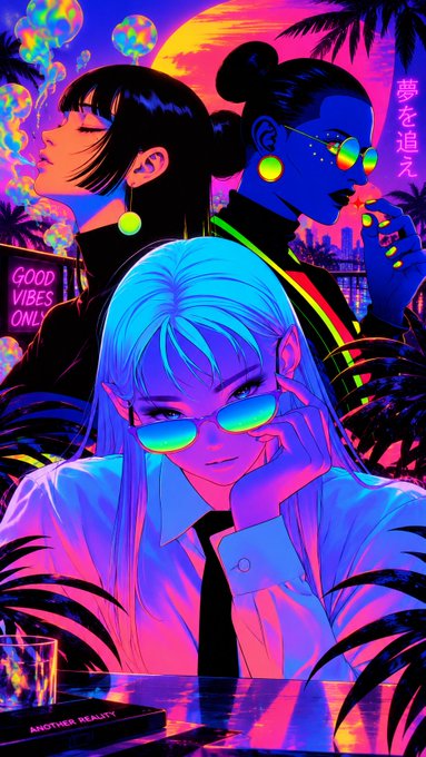 A vibrant neon-style anime/vaporwave illustration featuring three stylish women with sunglasses, including one with blue hair and green-tinted glasses in the foreground, with text "GOOD VIBES ONLY" and "ANOTHER REALITY" visible on a book.