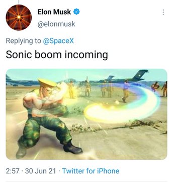 Elon Musk's tweet features the text "Sonic boom incoming" alongside an image of Ryu from Street Fighter performing his signature "Hadouken" energy attack in a desert arena. The image creatively illustrates the concept of a sonic boom as a powerful energy blast, matching Musk's futuristic announcement style.