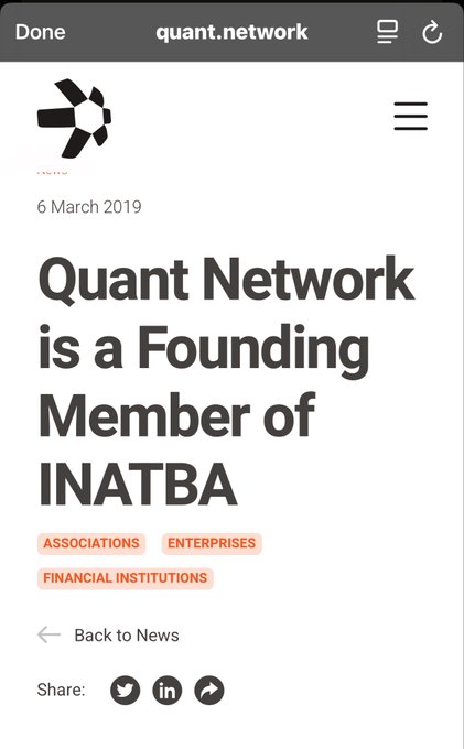 The image shows an advertisement for Quant Network, which is promoting its new DLT platform designed for SMEs. The text on the screen reads "Quant network is a founding member of INATBA", indicating that Quant Network has joined forces with INATBA to create this digital bonds platform.