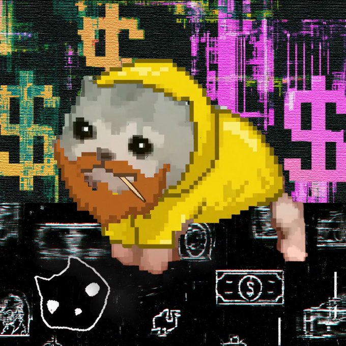 A digital collage art piece depicting a duck-like character in a yellow hoodie smoking a cigarette, set against a pixelated colorful background with glitch art elements.