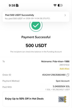 A screenshot of a Binance payment confirmation showing a successful 500 USDT transfer to a user with the nickname "Fida-khan-1986," serving as proof for the poster's claim of sending $500 to another Binance UID.
