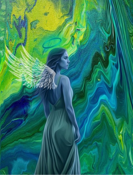 A digital painting of a blue-toned angel with white wings and a halo, wearing a flowing dress against a swirling green, yellow, and blue background.