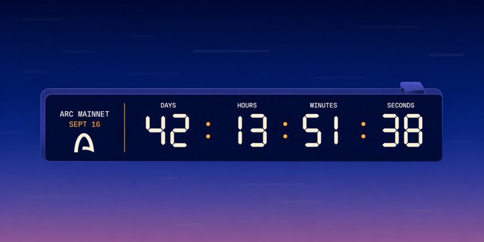 Digital countdown timer showing 42 days, 13 hours, 51 minutes, and 38 seconds until ARC Mainnet on September 16.