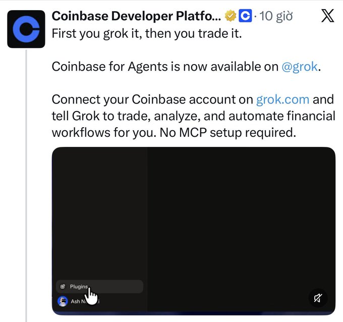 A post by Coinbase Developer Platform on X announces 'Coinbase for Agents is now available on @grok,' allowing users to connect their account and automate financial workflows without MCP setup.