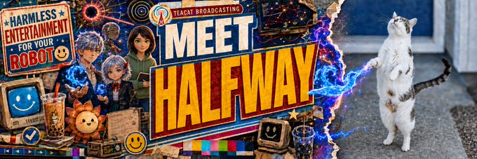 YouTube thumbnail for 'MEET HALFWAY' by Teacat Broadcasting featuring anime-style characters, a cat standing on its hind legs, and the tagline 'HARMLESS ENTERTAINMENT FOR YOUR ROBOT.'