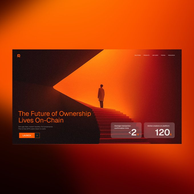 A website hero section with an orange and black color scheme displays the headline 'The Future of Ownership Lives On-Chain' alongside stats: '<2s' average confirmation time and '120k' active creators on platform.