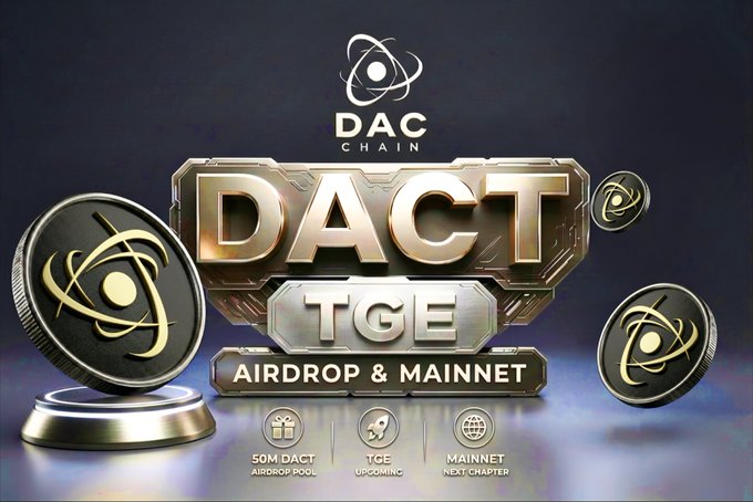 Promotional graphic for DAC Chain announcing the DACT TGE (Token Generation Event) and Airdrop & Mainnet, featuring the 50M DACT airdrop pool, with a futuristic gold and black design displaying DACT coins and the project's atom-style logo.