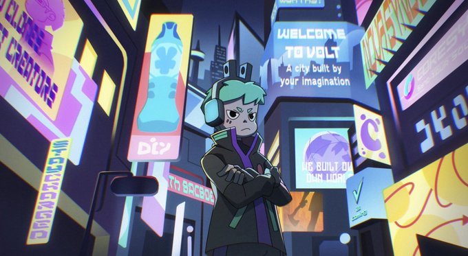 A green-haired character wearing headphones stands confidently with crossed arms in a cyberpunk cityscape, surrounded by neon billboards advertising "WELCOME TO VOLT — A city built by your imagination," "DIY," "TO BACKED," and "CREATORS," visually capturing the Powered by Volt NFT ecosystem that transforms creator activity into a treasury supporting builders.