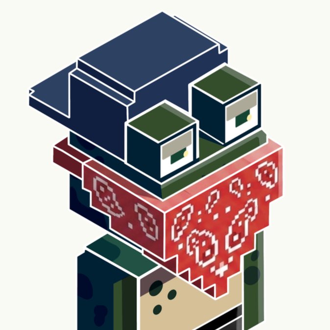 An isometric voxel-art illustration of a blocky, robotic creature with a dark navy hat-like top featuring green accents, set on a red patterned bandana around its neck. The pixelated design complements the gaming/collaboration theme of the post, likely serving as promotional artwork for the @playbandits community raffle.