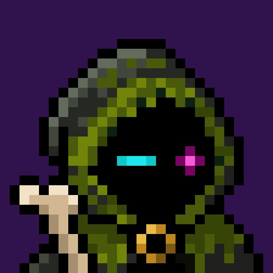 A pixel art depiction of a hooded mage figure with glowing mismatched cyan and magenta eyes, dark green robes, and a wooden staff, set against a deep purple background. The eerie, mystical imagery complements the cryptic "Mancers follow Mancers?" caption, suggesting themes of arcane followers or a hidden magical order.