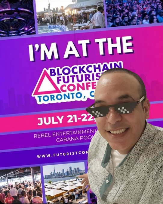 A man wearing pixelated sunglasses takes a selfie in front of a purple banner reading 'I'M AT THE BLOCKCHAIN FUTURIST CONFERENCE, TORONTO, C JULY 21-22, REBEL ENTERTAINMENT CABANA POOL, WWW.FUTURISTCON'.