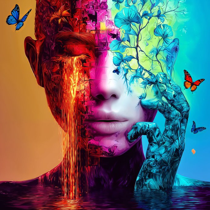 A vibrant, surreal digital artwork of a face split between fiery red/orange textures on the left and cool blue/green floral patterns on the right, with butterflies flying around.