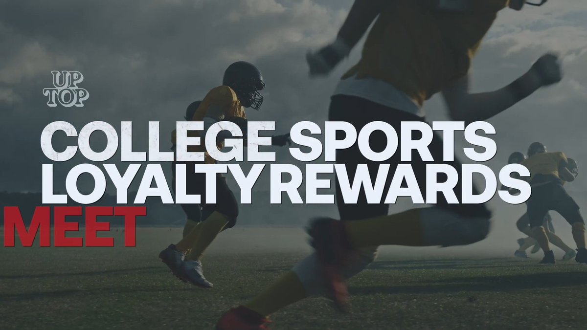 A promotional graphic featuring football players in action on a field, overlaid with text reading "UP TOP" logo, "COLLEGE SPORTS LOYALTY REWARDS," and "MEET" in red, announcing Uptop's fan loyalty program partnership with D1 college athletic teams including Michigan, Nevada, Baylor, Memphis, Penn State, and LSU.