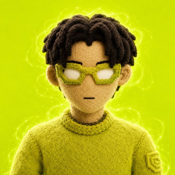 A felt-textured 3D character with dreadlocks and green-framed glasses stands against a bright lime-green background featuring faint heart outlines. The image serves as the "Cross Over Legendary" piece celebrating the collaboration between Ordinary Heroes and Sunday Society NFT collections.