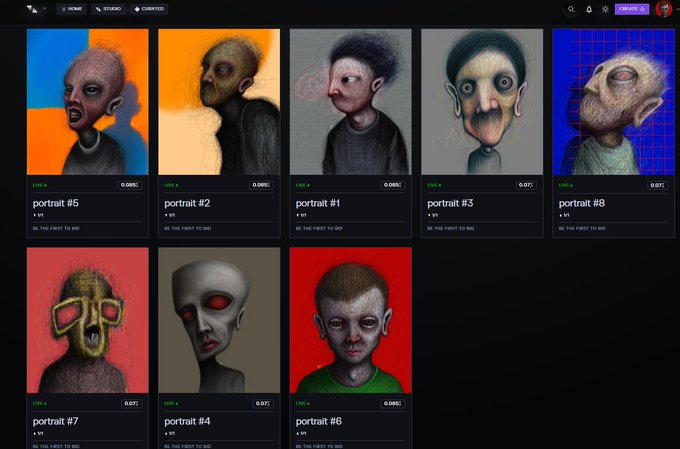 A gallery page on Transient Labs showcases 8 dark, surreal portrait artworks titled "portrait #1" through "portrait #8," each featuring distorted figures with exaggerated facial features rendered in muted, moody color palettes. The grid display directly supports the creator's announcement of joining the platform with their eight-piece collection.
