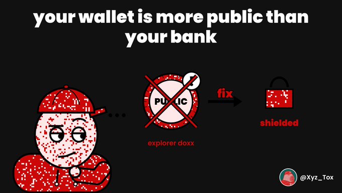 An illustrated graphic on a black background reads 'your wallet is more public than your bank', showing a pixelated cartoon figure in red alongside icons representing 'explorer doxx' and a 'shielded' wallet, credited to '@Xyz_Tox'.