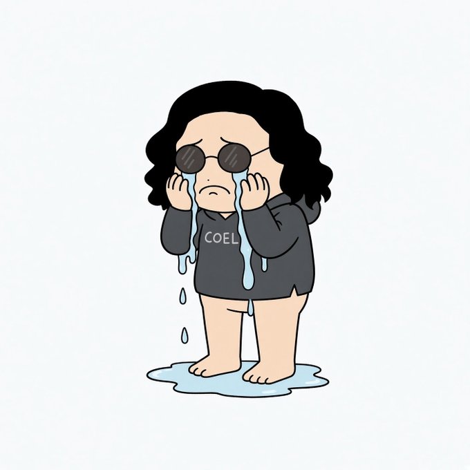 A cartoon illustration of a tearful character with curly hair and round sunglasses, wearing a gray 'COEL' hoodie and standing barefoot in a puddle of their own tears.