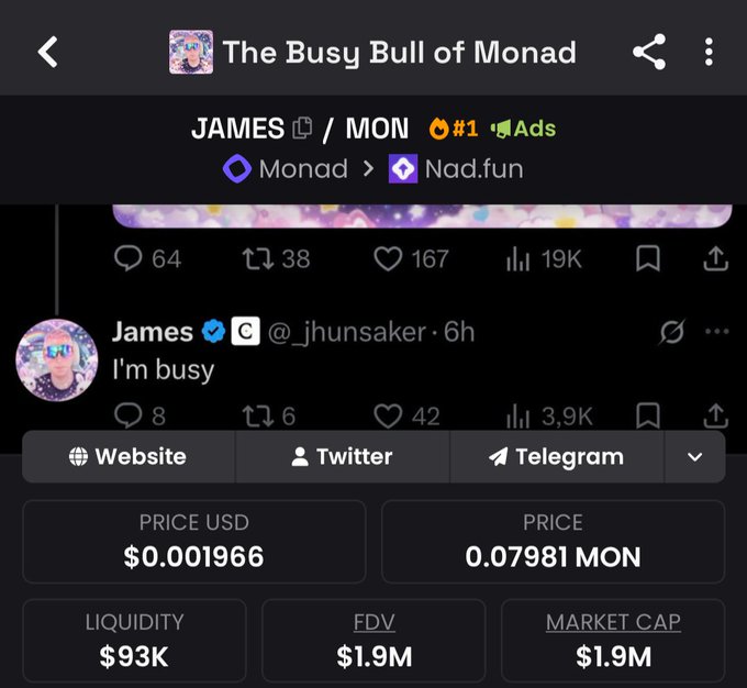A crypto token page for 'The Busy Bull of Monad' (JAMES/MON) showing a price of $0.001966 (0.07981 MON), liquidity of $93K, and FDV/market cap of $1.9M, with a tweet saying 'I'm busy.'