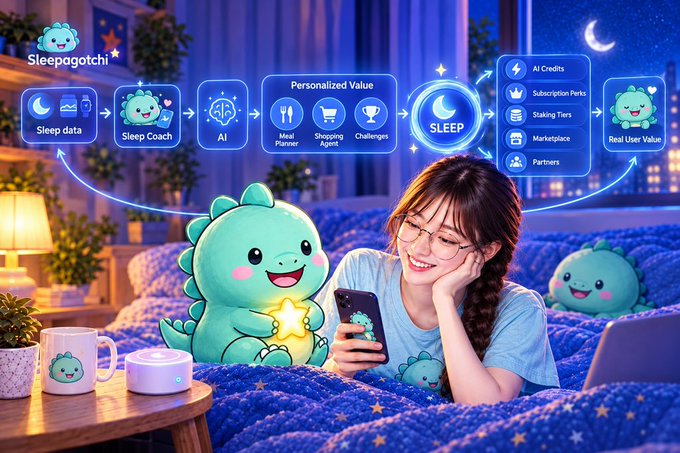 A Sleepagotchi promotional image showing a smiling woman on her phone with a teal dinosaur mascot, featuring a flow diagram of Sleep data, Sleep Coach, AI, and Personalized Value leading to SLEEP, AI Credits, Subscription Perks, and Staking Tiers.