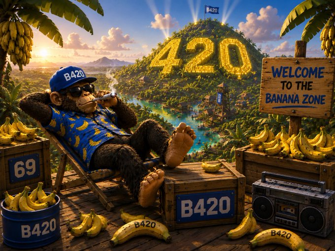 An illustrated scene of a monkey wearing sunglasses and a 'B420' cap relaxing in a lounge chair, surrounded by bananas, crates labeled 'B420', a boombox, and a 'Welcome to the Banana Zone' sign with a mountain shaped like '420' in the background.