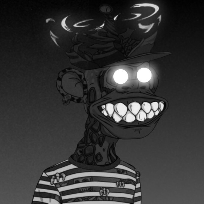 A black and white illustrated character with glowing white eyes, a large toothy grin, patterned skin, and a crown-like hat, wearing a striped shirt.